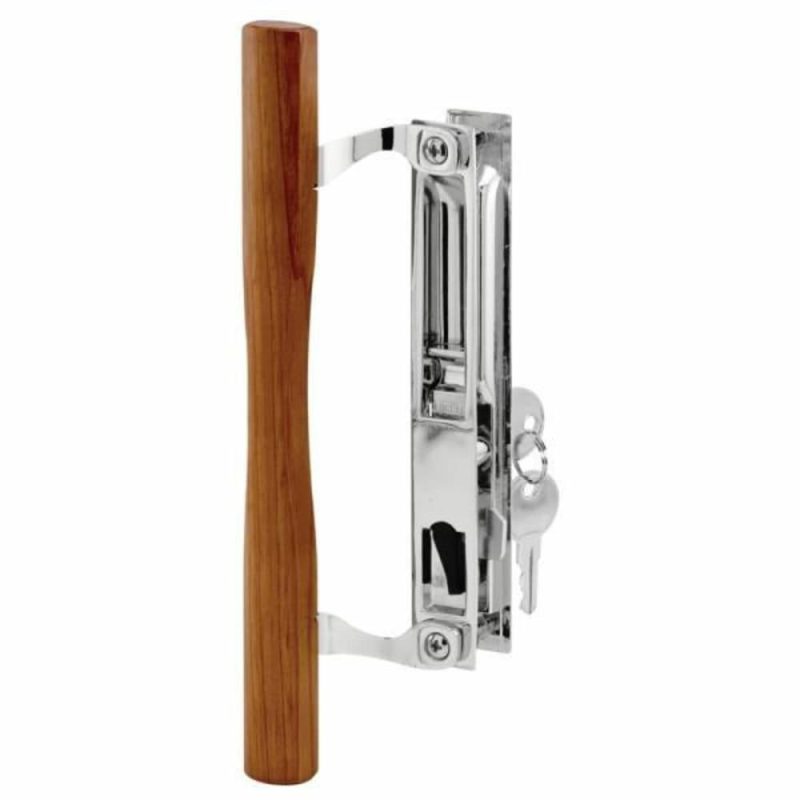 Key Sliding Dr Latch Le Set, 6-5/8in, Chrm, Wood Pull