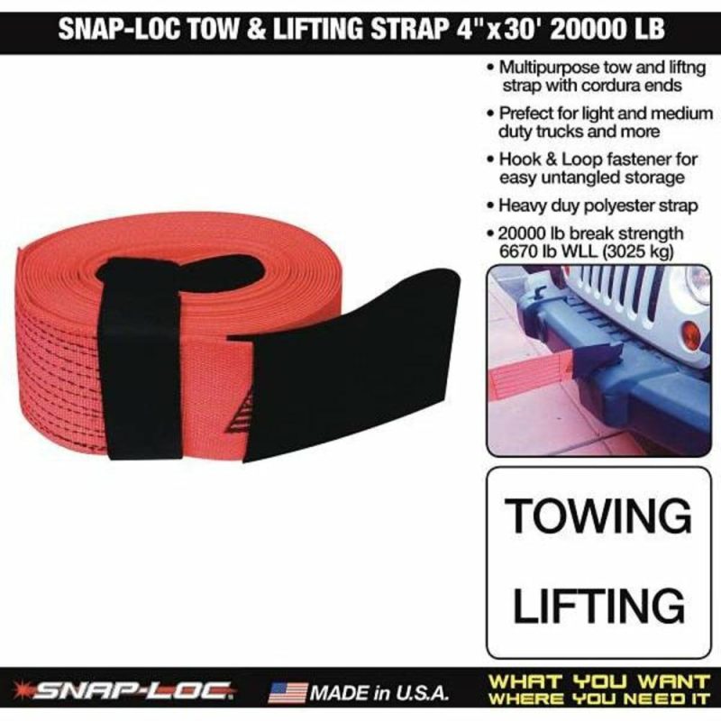 Snap-Loc 4 In. X 30 Ft. 20,000 Lb. Red Tow And Lift Strap W/ Hook And Loop Fastener