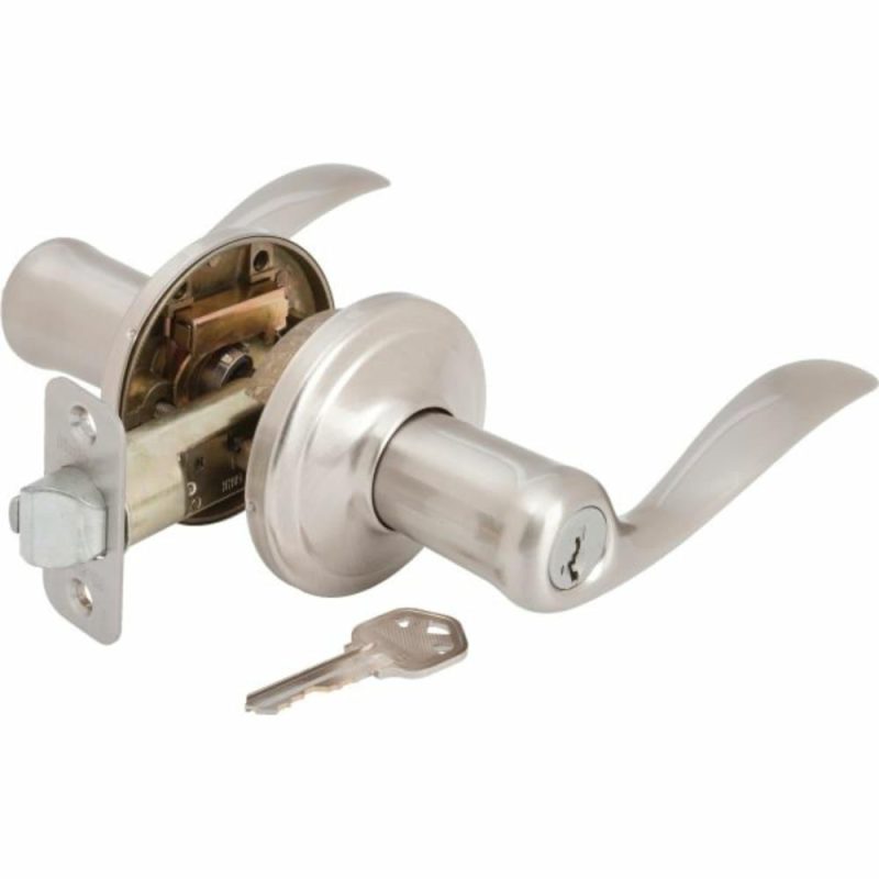 Tustin Door Lever With Smartkey Security, Wave, Entry, Grade 2, Metal, Satin Nickel